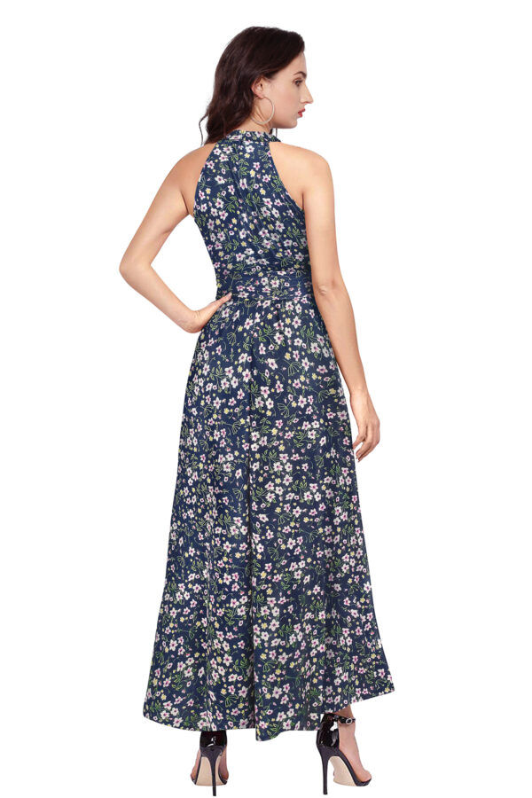 Flower Print Blue Sleeveless Helter Neck Dress - Image 4
