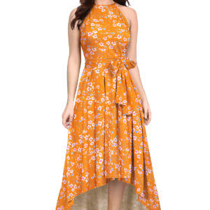 Flower Print Yellow Sleeveless Helter Neck Dress