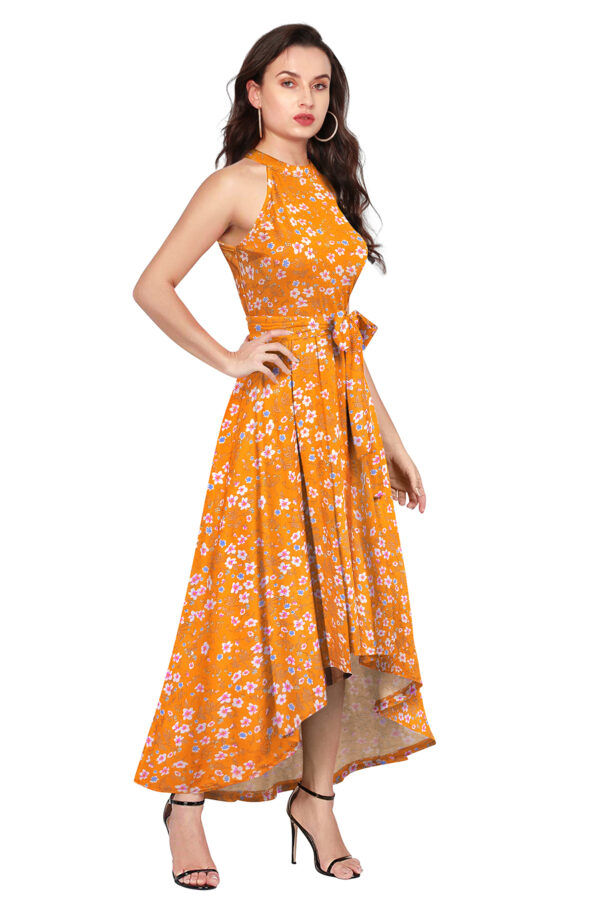 Flower Print Yellow Sleeveless Helter Neck Dress - Image 2