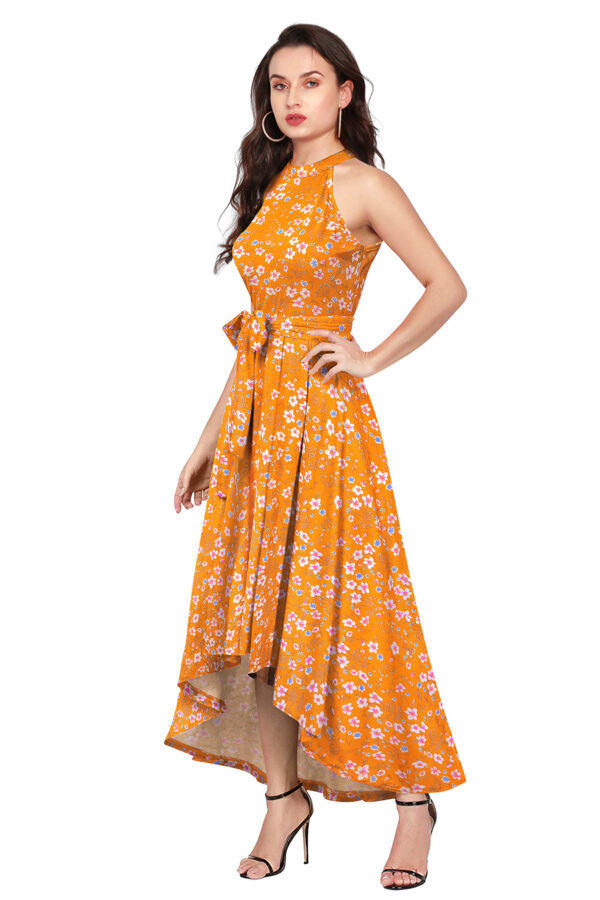 Flower Print Yellow Sleeveless Helter Neck Dress - Image 3