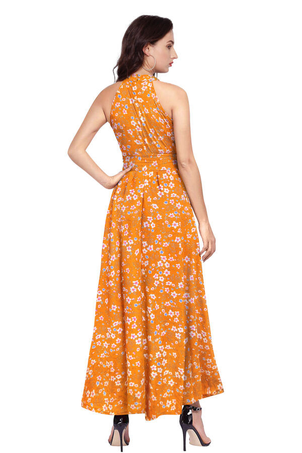 Flower Print Yellow Sleeveless Helter Neck Dress - Image 4