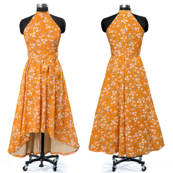 Flower Print Yellow Sleeveless Helter Neck Dress - Image 5