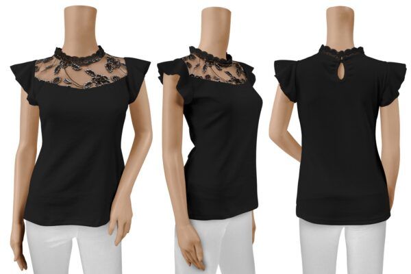 Black Sweetheart Neck Solid Cap Sleeve T-Shirt - Image 6