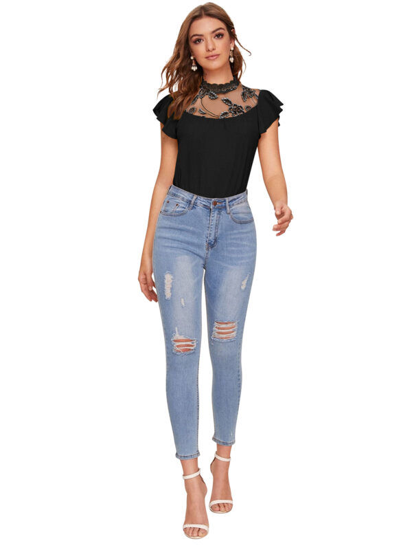 Black Sweetheart Neck Solid Cap Sleeve T-Shirt - Image 5