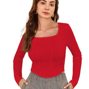 Red Square Neck Full Sleeves Top