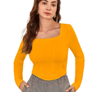 Yellow Square Neck Full Sleeves Top