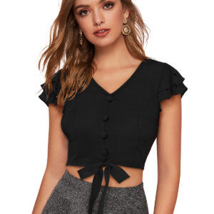Solid Short Sleeves Black V-Neck Top