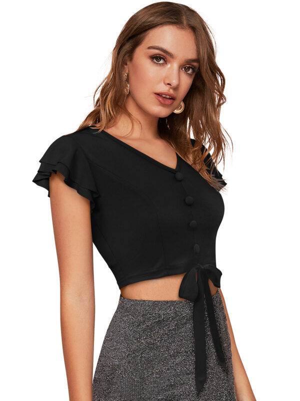 Solid Short Sleeves Black V-Neck Top - Image 2