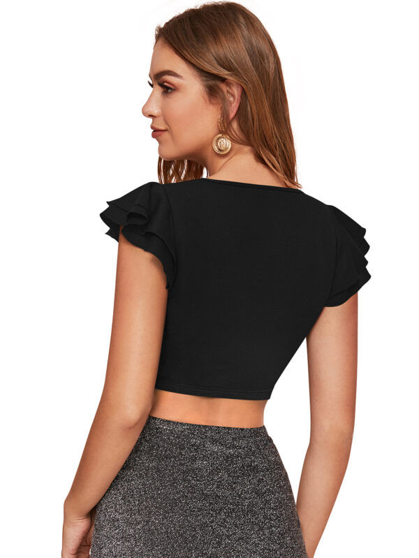 Solid Short Sleeves Black V-Neck Top - Image 4