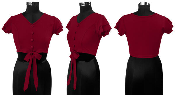 Solid Short Sleeves Maroon V-Neck Top - Image 6