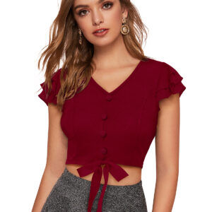 Solid Short Sleeves Maroon V-Neck Top