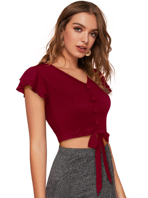 Solid Short Sleeves Maroon V-Neck Top - Image 2