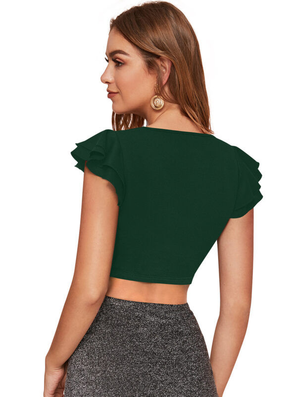 Solid Short Sleeves Green V-Neck Top - Image 4