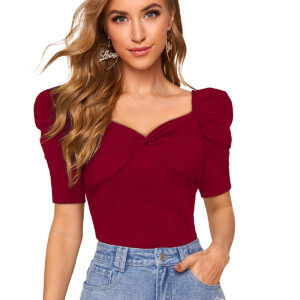 Short Sweet Heart Puff Sleeves Maroon T-shirt