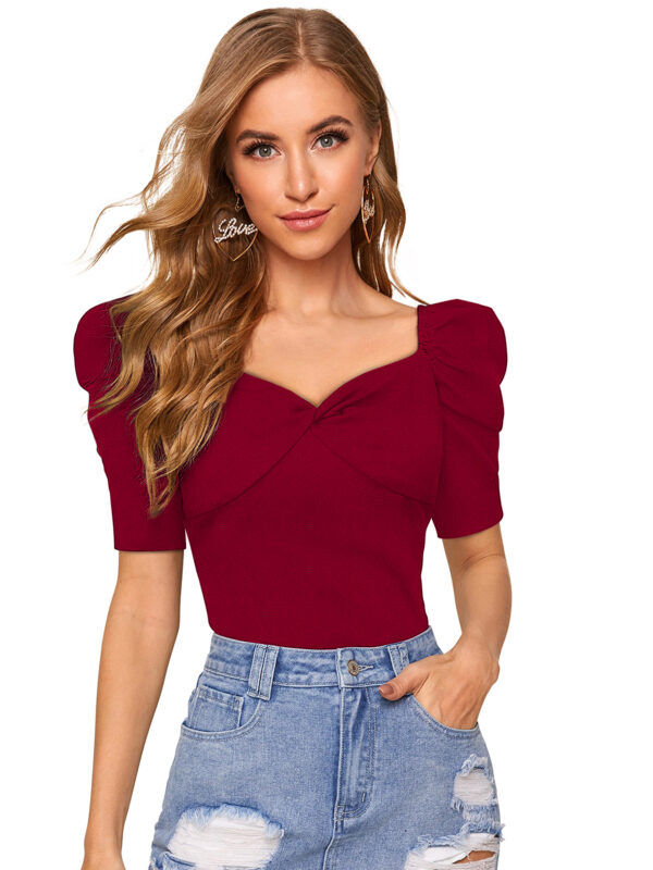 Short Sweet Heart Puff Sleeves Maroon T-shirt