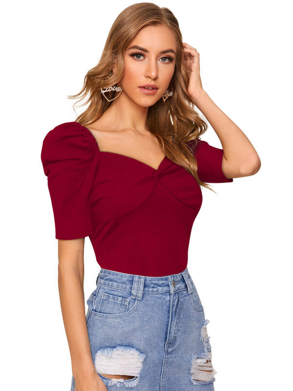 Short Sweet Heart Puff Sleeves Maroon T-shirt - Image 2