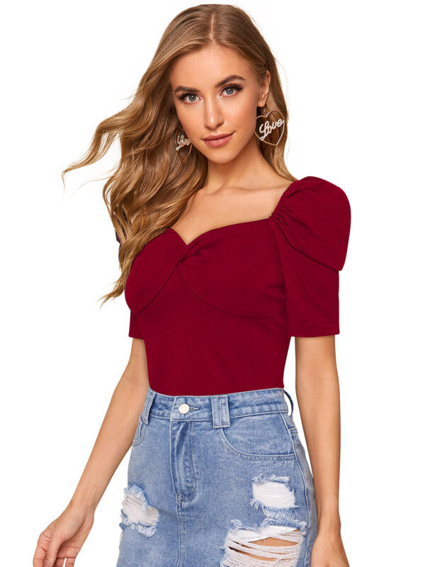 Short Sweet Heart Puff Sleeves Maroon T-shirt - Image 3