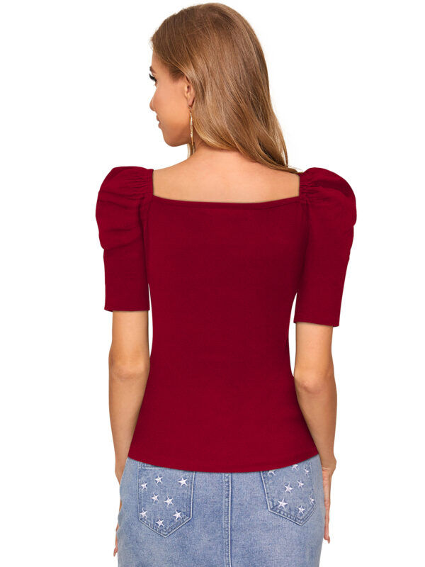 Short Sweet Heart Puff Sleeves Maroon T-shirt - Image 4