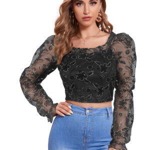 Black Full Sleeves Square Collar Top