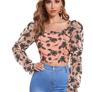 Peach Full Sleeves Square Collar Top