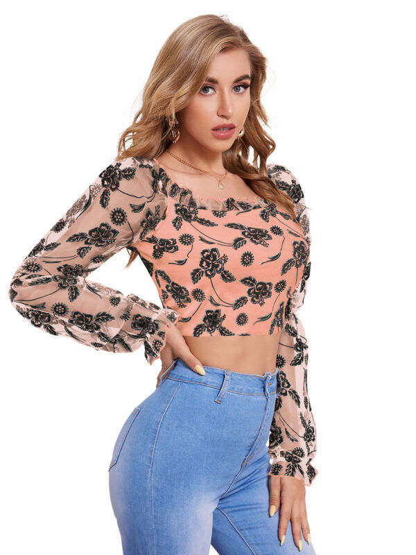 Peach Full Sleeves Square Collar Top - Image 2