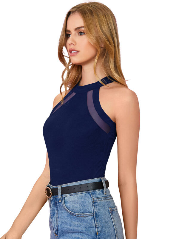 Halter Neck Navy Blue Sleeveless T-Shirt - Image 2