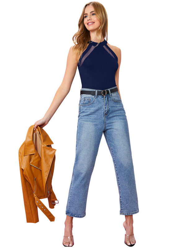 Halter Neck Navy Blue Sleeveless T-Shirt - Image 5