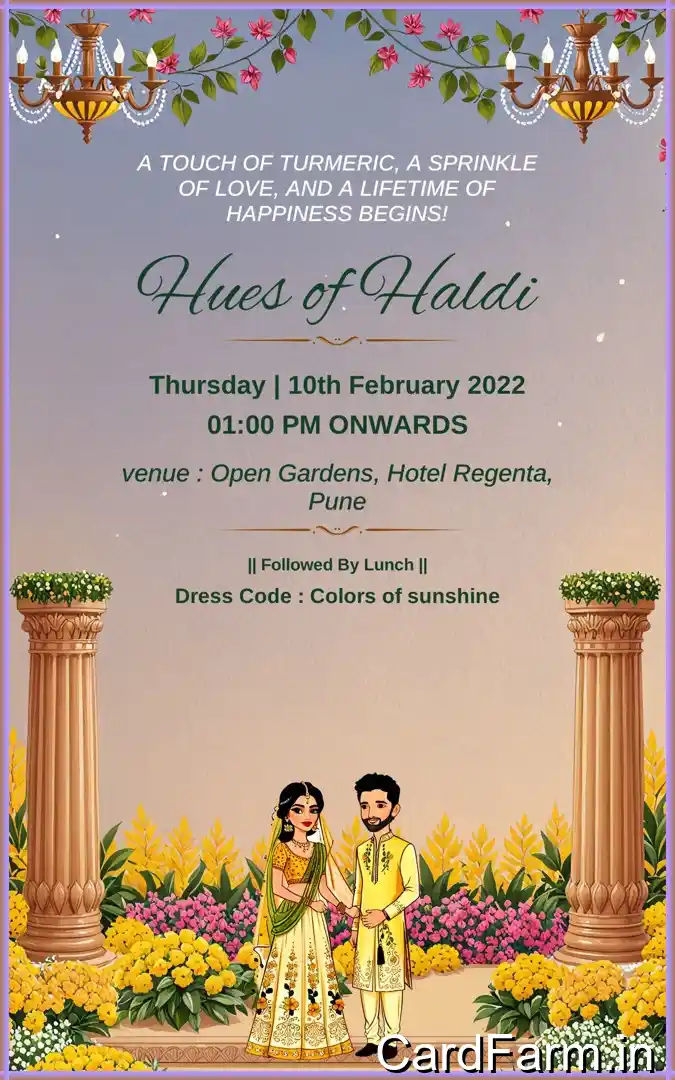 Haldi invitation card page for an Indian wedding with cartoon couple on a decorative background. In a Vibrant style.