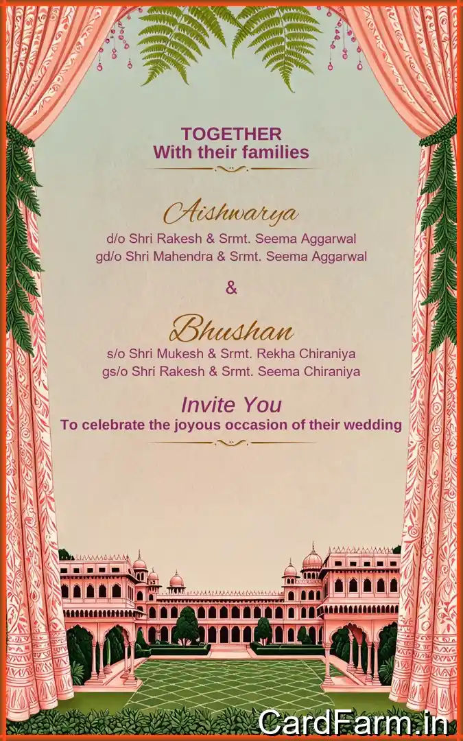 A beautifully designed Indian wedding invitation background with ferns, petals, fountains and decorative background. In a Vibrant style.