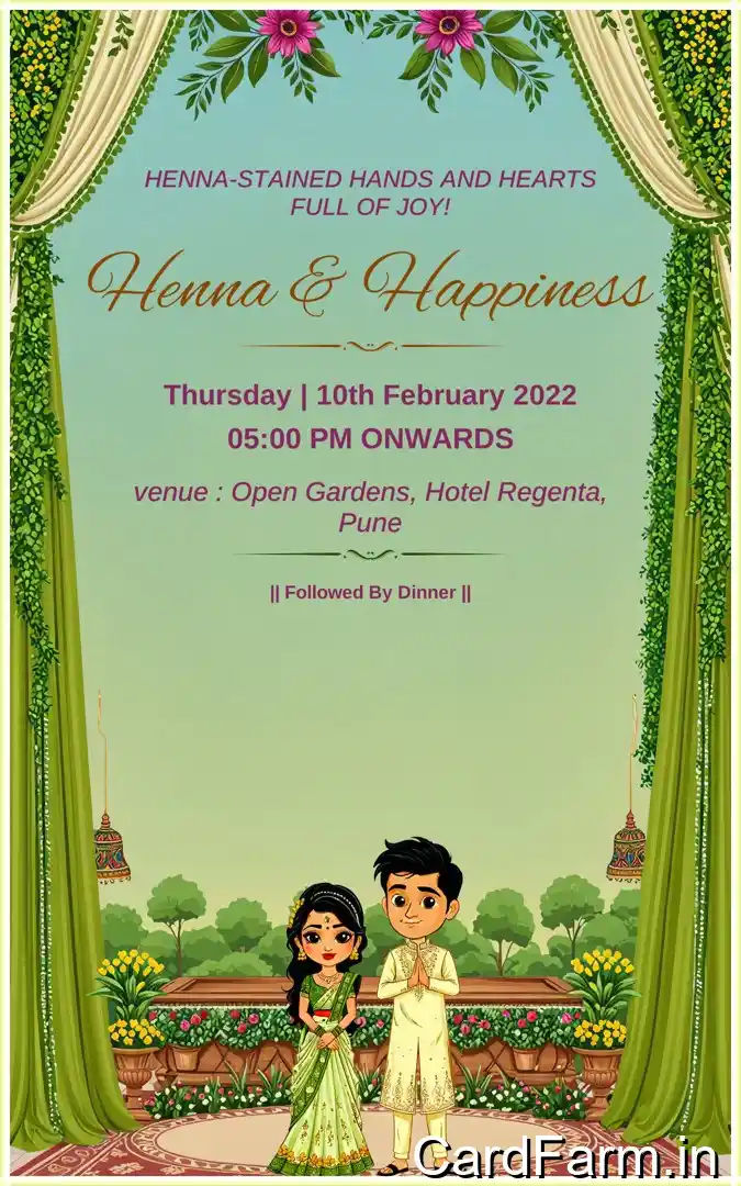 Haldi invitation card page for an Indian wedding with cartoon couple on a decorative background. In a Vibrant style.