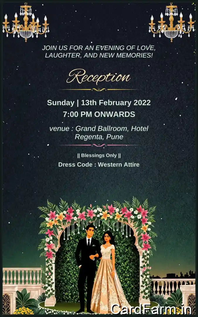 Wedding reception invitation card page of a wedding Invitation template. Night time view with flowers, lights, fountains, mountains on a decorative background. In a Vibrant style.