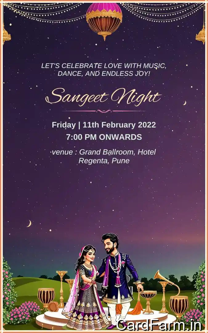 Sangeet ceremony invitation page with night time view with flowers, guitars, tablas on a beautiful starry background. In a Vibrant style.