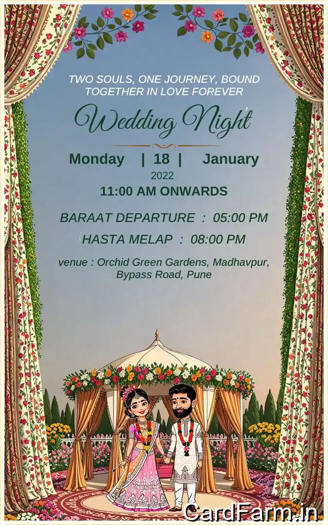 A beautifully designed Indian wedding invitation background with flowers, lights, butterflies on a decorative background. In a Vibrant style.