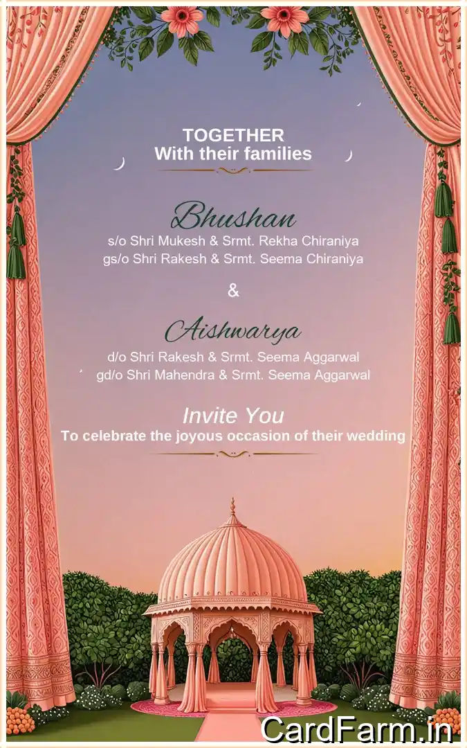 Template ID61091, Indian wedding card depicting caricature of bride and groom on a joyous, beautiful Indian Wedding scenery.