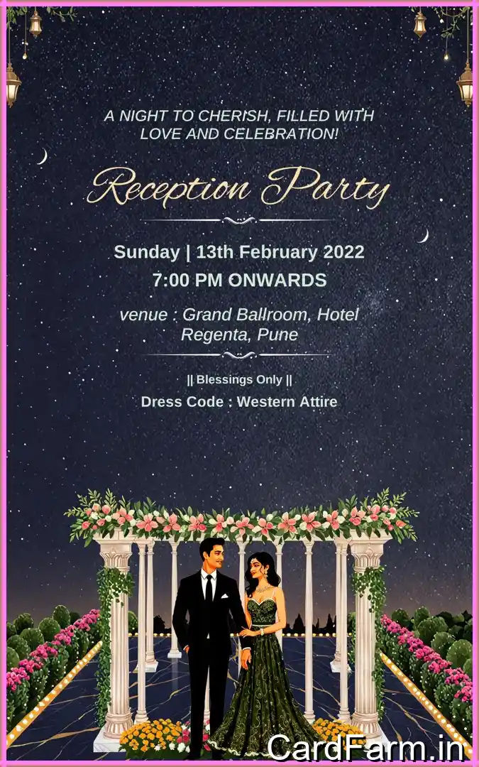 A beautifully designed Indian wedding invitation background in night time with flowers, lights, fountains, mountains on a decorative background in papercut style In a Vibrant style.