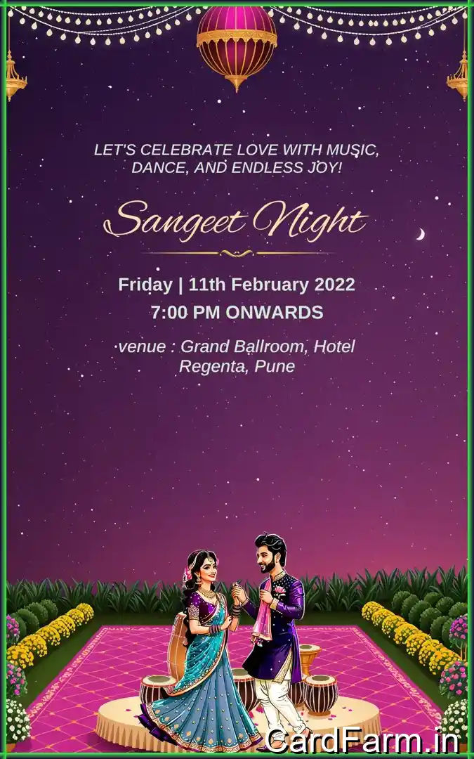 A beautifully designed Indian wedding invitation background with night time view with flowers, guitars, tablas on a beautiful starry background in papercut style In a Vibrant style.