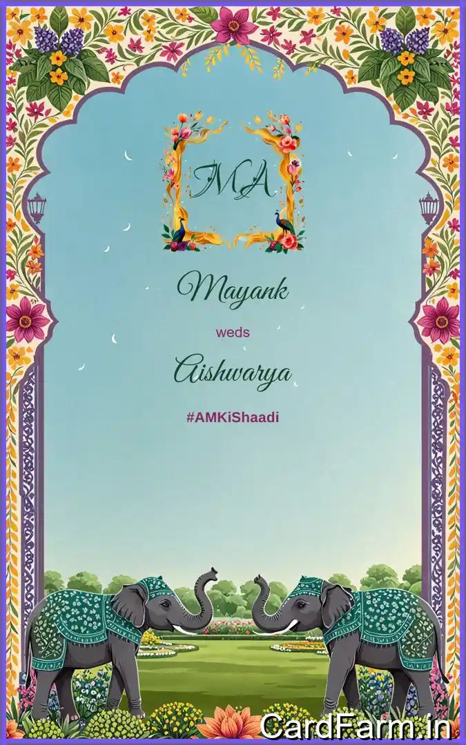 A beautifully designed Indian wedding invitation background with peacocks, fountains and clear sky in papercut style In a Vibrant style.