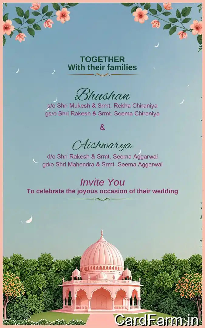 Template ID29812, Indian wedding card depicting caricature of bride and groom on a joyous, beautiful Indian Wedding scenery.