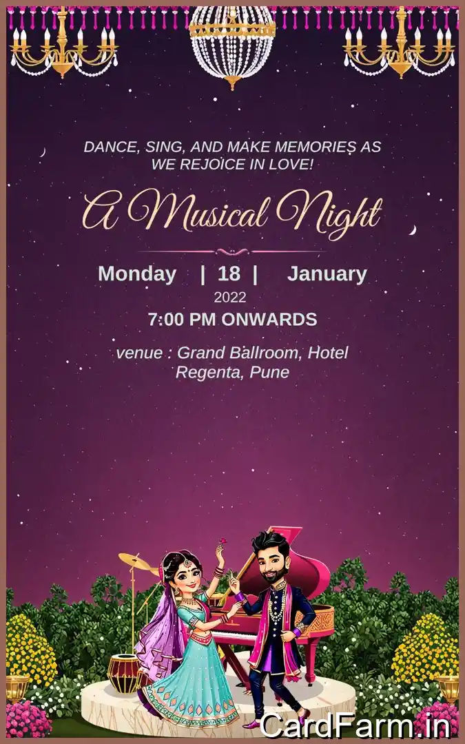 A beautifully designed Indian wedding invitation background with night time view with flowers, guitars, tablas on a beautiful starry background in oilpaint style In a Vibrant style.