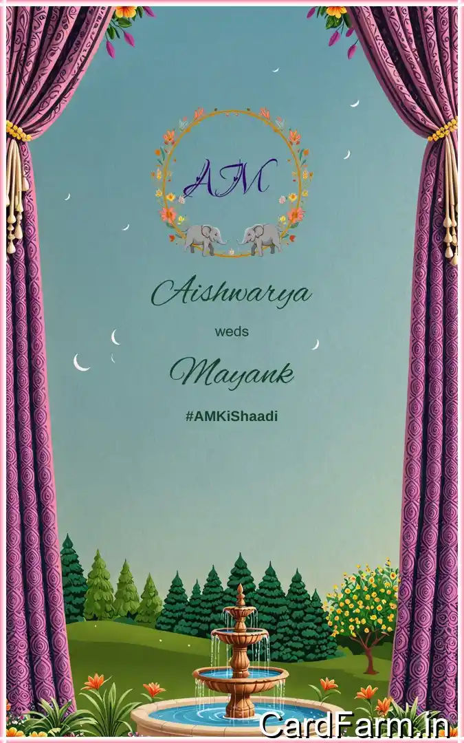 A beautifully designed Indian wedding invitation background with peacocks, fountains and clear sky in oilpaint style In a Vibrant style.