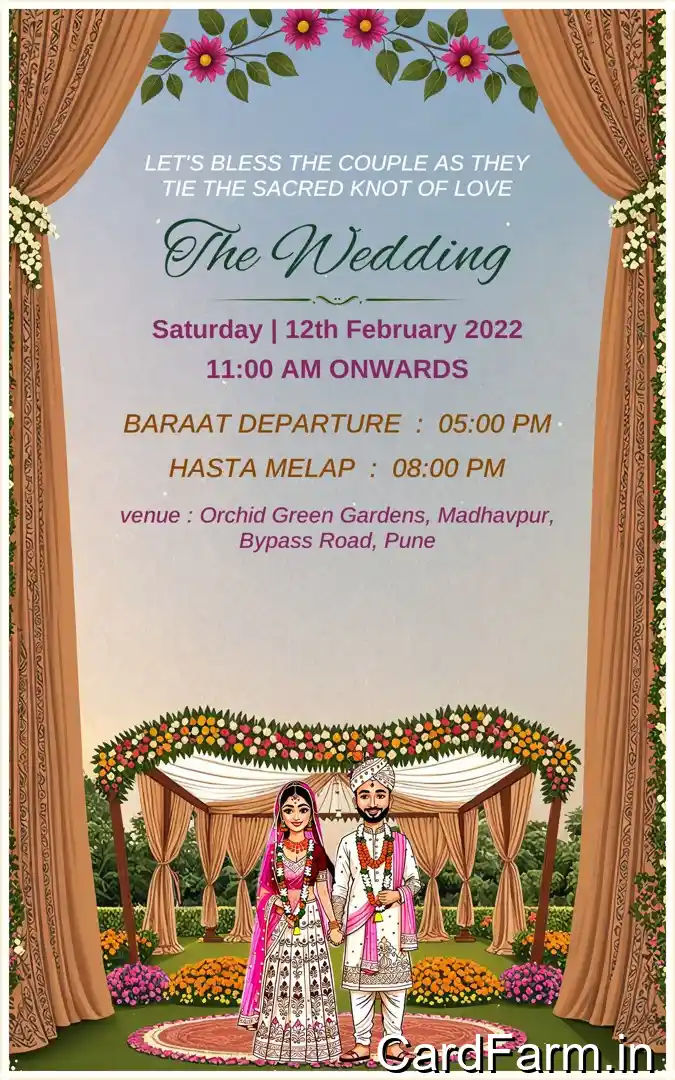 A beautifully designed Indian wedding invitation background with flowers, lights, butterflies on a decorative background in oilpaint style In a Vibrant style.