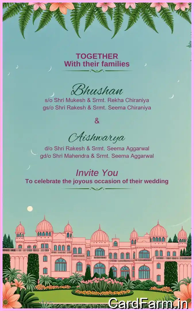 Template ID55764, Indian wedding card depicting caricature of bride and groom on a joyous, beautiful Indian Wedding scenery.