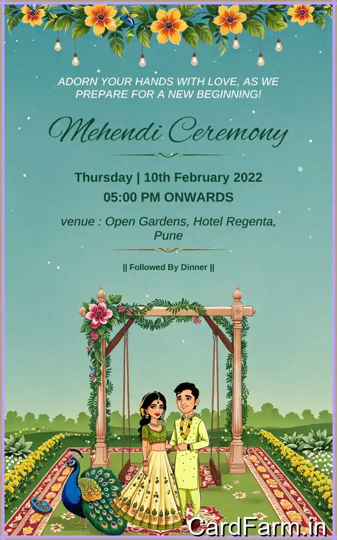 Haldi invitation card page for an Indian wedding with cartoon couple on a decorative background. In a Vibrant style.