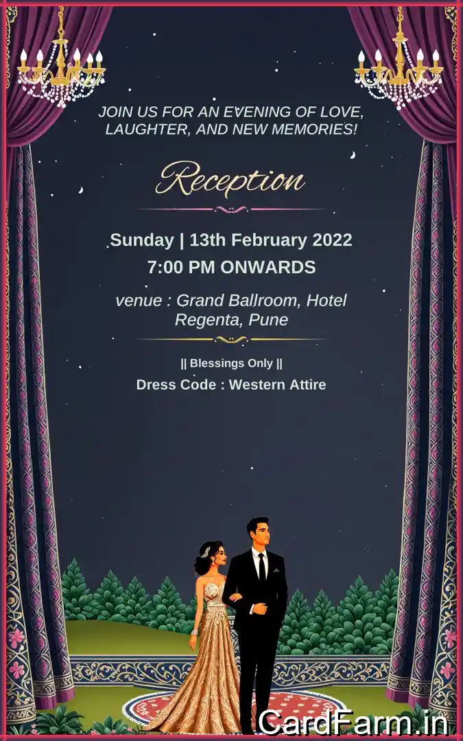 Wedding reception invitation card page of a wedding Invitation template. Night time view with flowers, lights, fountains, mountains on a decorative background. In a Vibrant style.