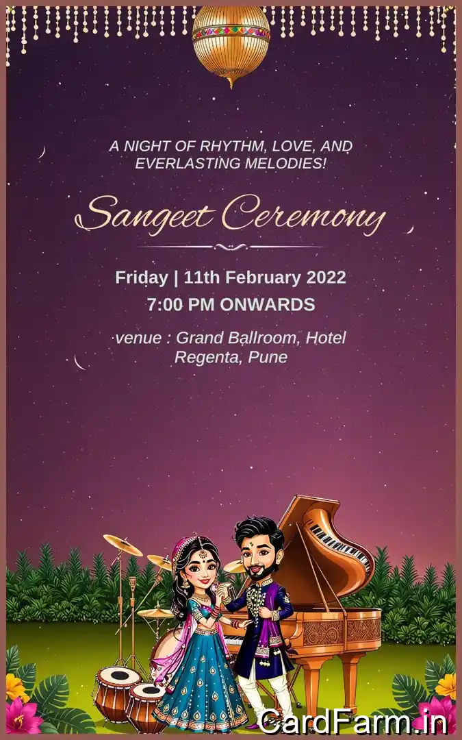 Sangeet ceremony invitation page with night time view with flowers, guitars, tablas on a beautiful starry background. In a Vibrant style.