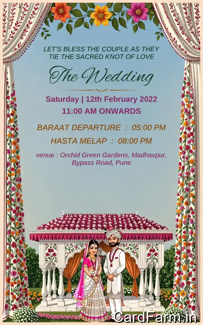 A beautifully designed Indian wedding invitation background with flowers, lights, butterflies on a decorative background. In a Vibrant style.
