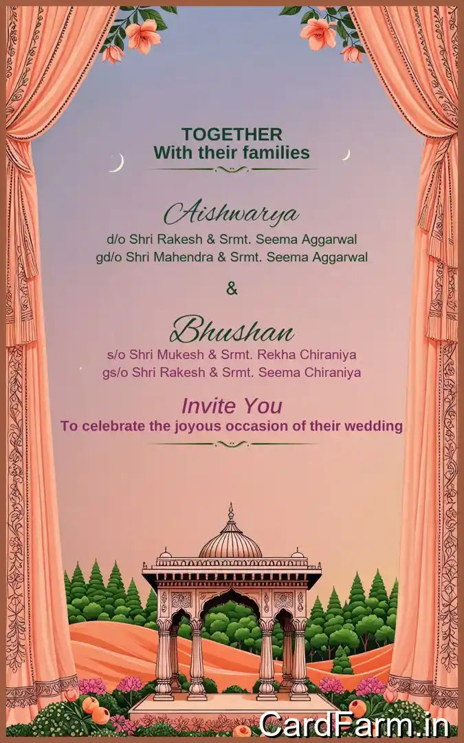 Template ID57616, Indian wedding card depicting caricature of bride and groom on a joyous, beautiful Indian Wedding scenery.