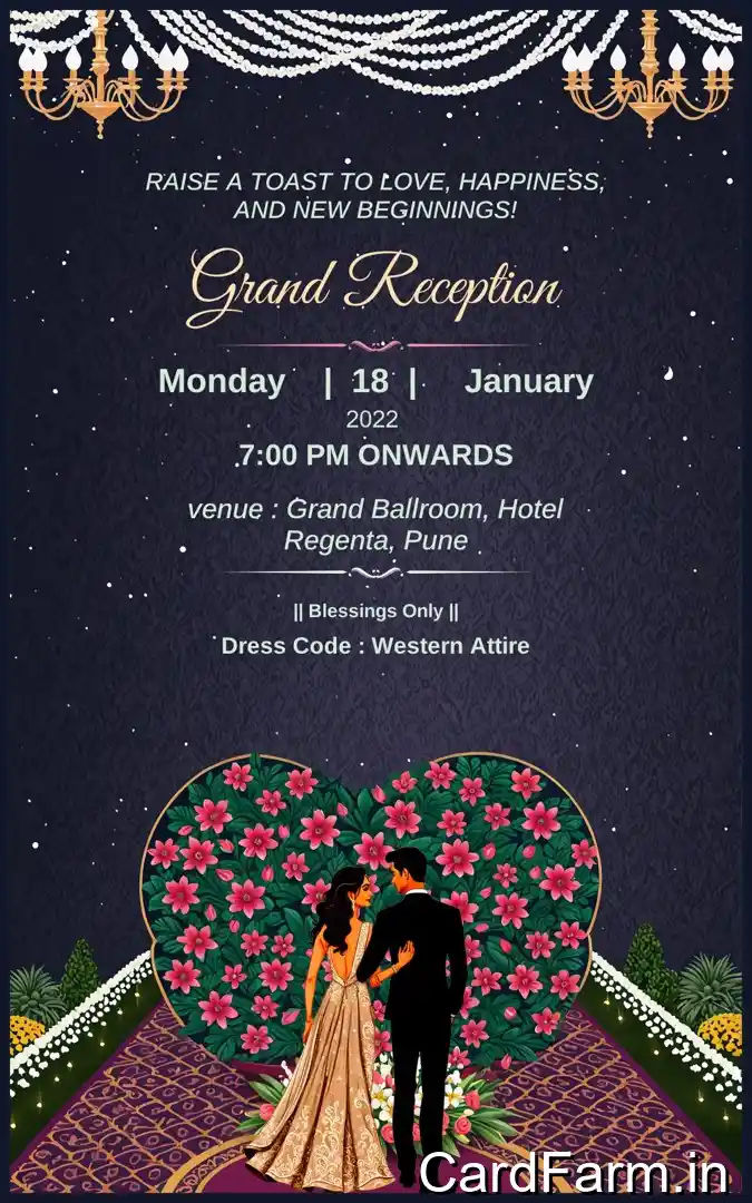 A beautifully designed Indian wedding invitation background in night time with flowers, lights, fountains, mountains on a decorative background in papercut style In a Vibrant style.