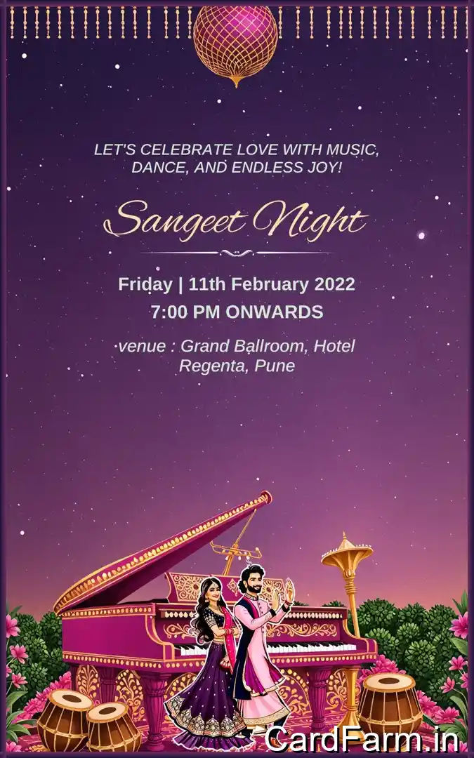A beautifully designed Indian wedding invitation background with night time view with flowers, guitars, tablas on a beautiful starry background in papercut style In a Vibrant style.