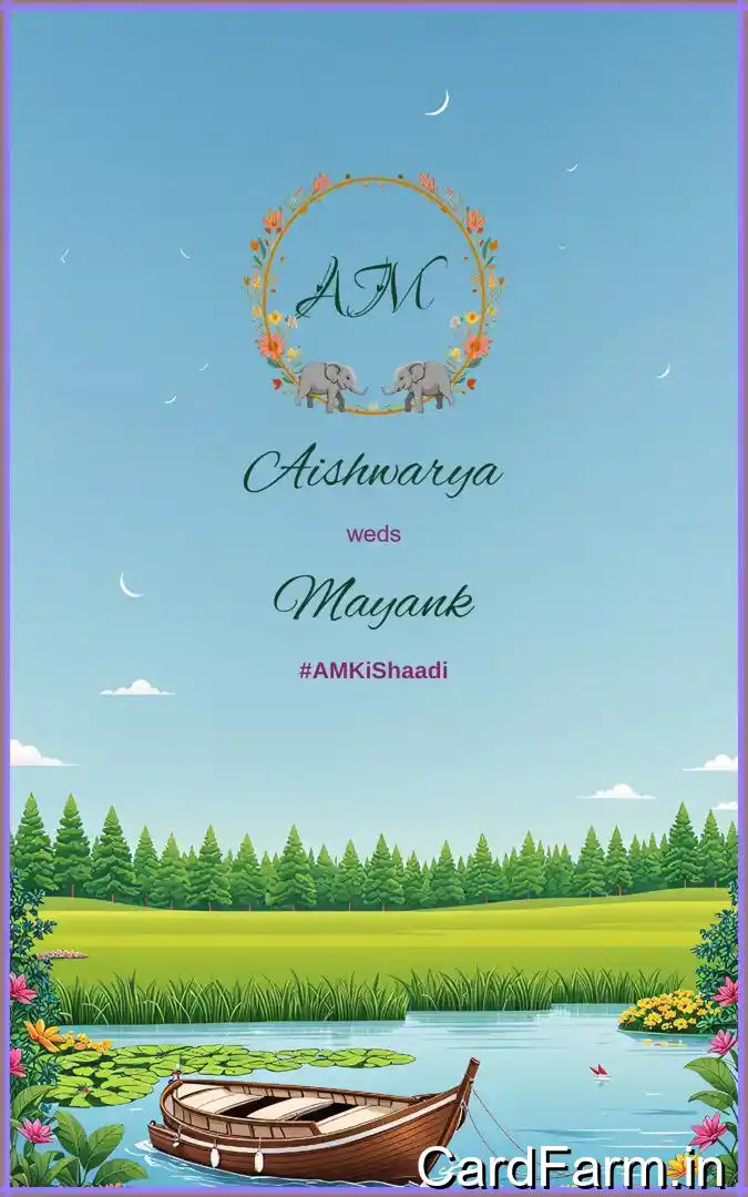 A beautifully designed Indian wedding invitation background with peacocks, fountains and clear sky in papercut style In a Vibrant style.